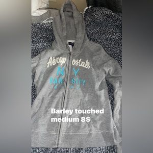 Grey Aeropostale jacket with turquoise lettering
